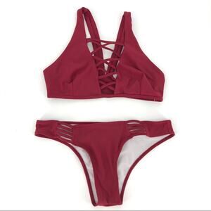 Strappy Criss Cross Bikini Set‎ Maroon Size S